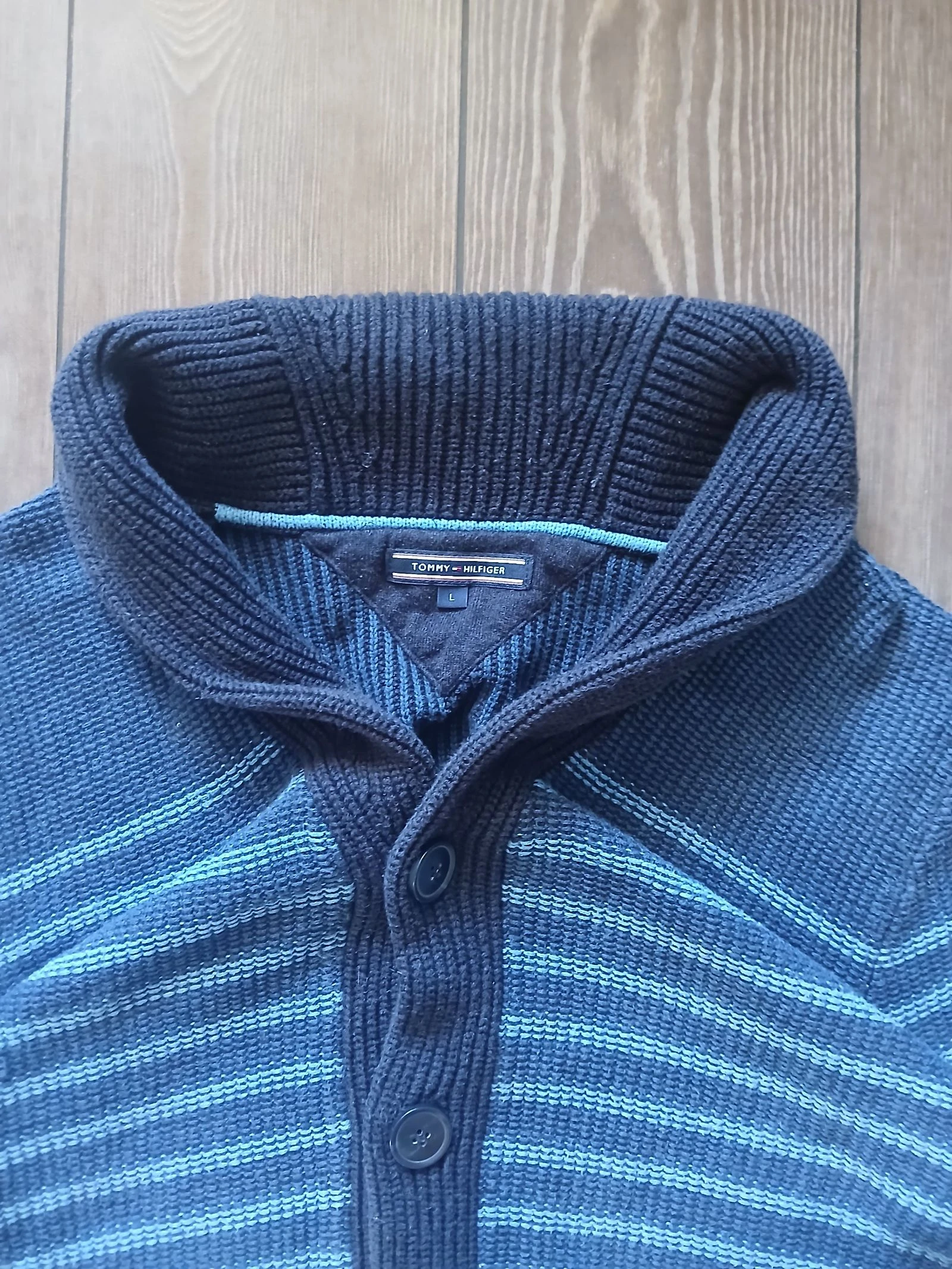 Tommy Hilfiger blauwe gestreepte shawl kraag cardigan trui maat L vintage gebreid – photo 4